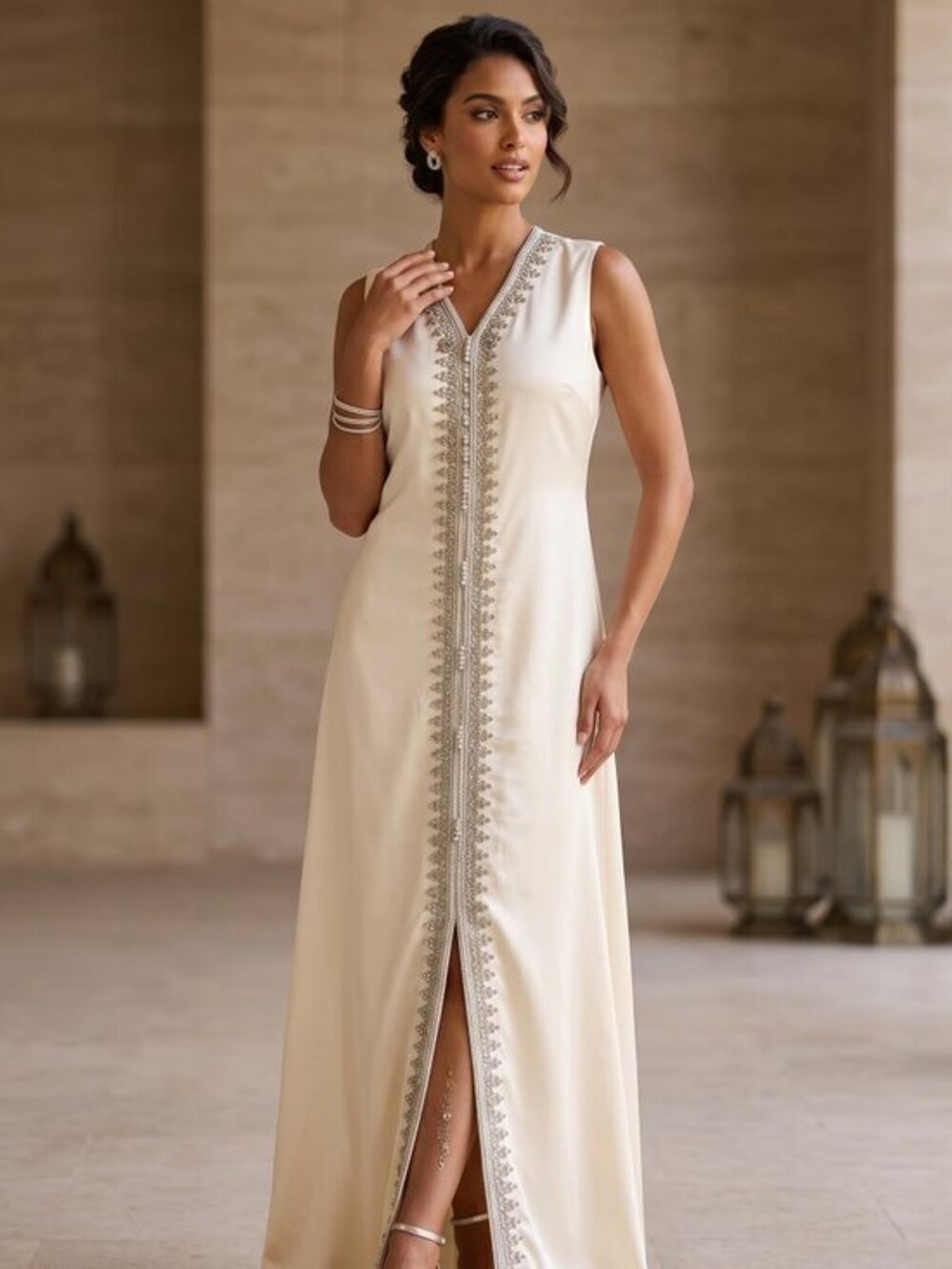 Vintage rhinestone beaded Elegant Cream Sleeveless maxi Dress size large
